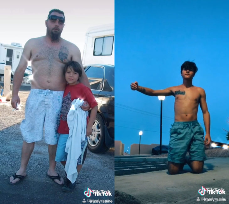 Challenge triste de TikTok; foto antes y después con ser querido que ya no está; papá e hijo abrazados