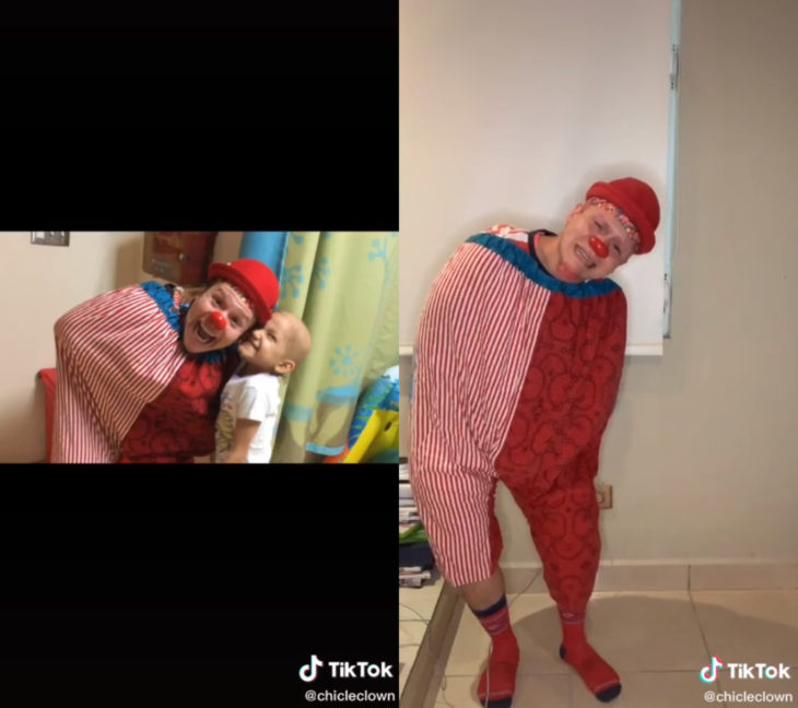 Challenge triste de TikTok; foto antes y después con ser querido que ya no está; payaso con niña