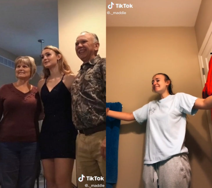 Challenge triste de TikTok; foto antes y después con ser querido que ya no está; nieta y abuelos abrazados