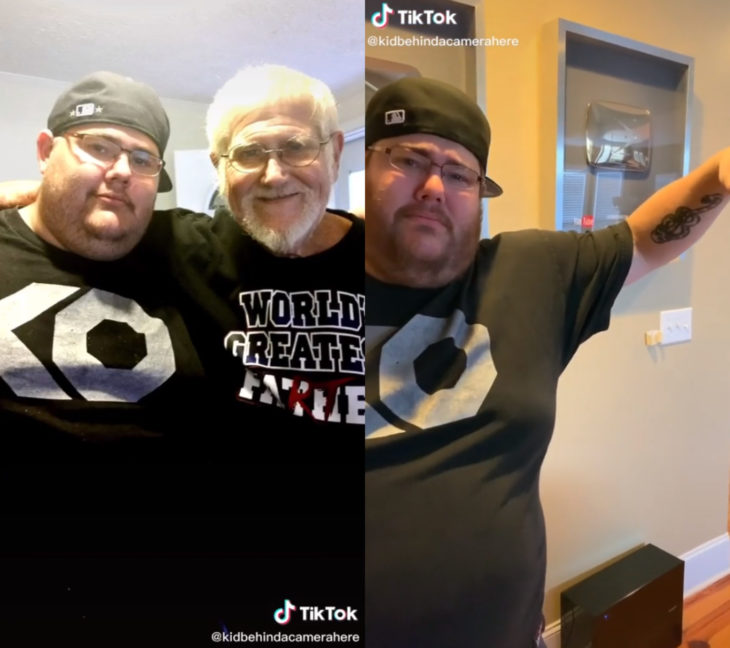 Challenge triste de TikTok; foto antes y después con ser querido que ya no está; papá e hijo abrazados