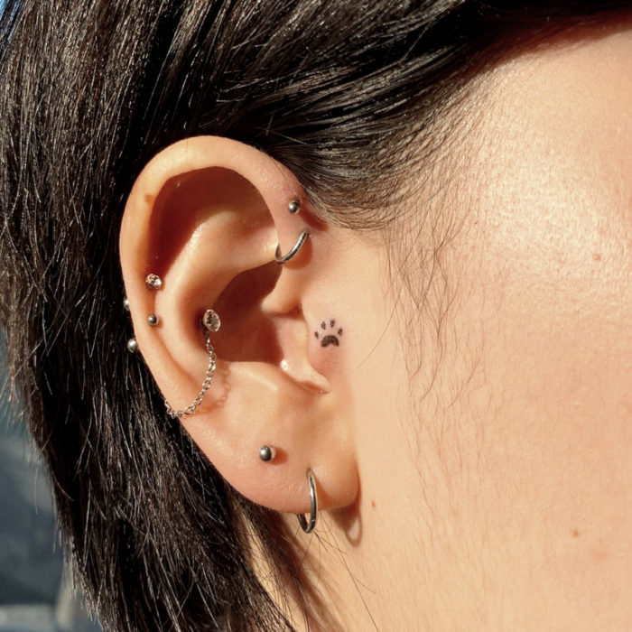 Tatuajes pequeños; minitatuaje de huella de animal en el tragus, perforaciones en la oreja