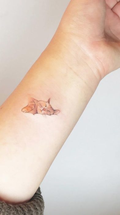 Mini tatuaje en el brazo de gato naranja dormido 