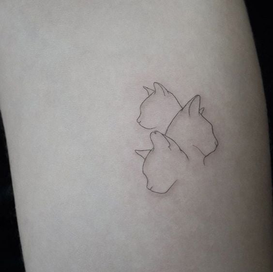 Tatuaje minimalista a tinta negra de la cara de tres gatitos
