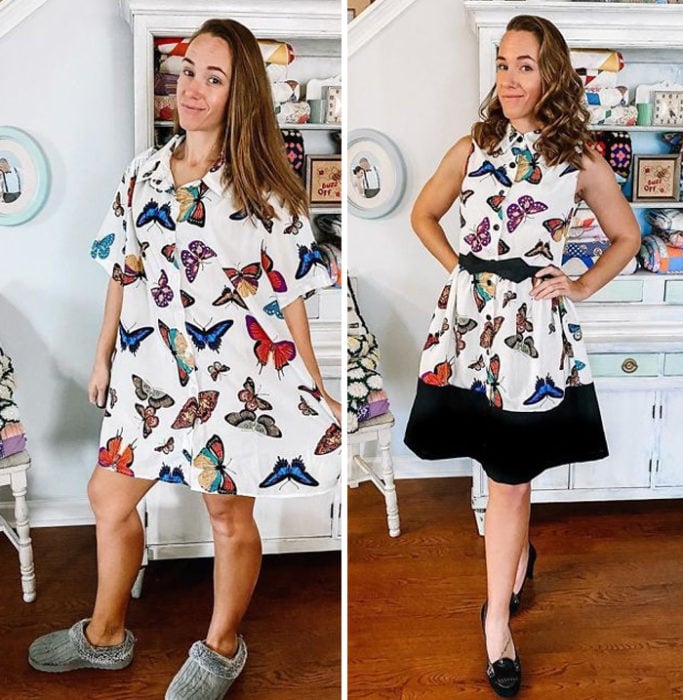 Chica antes y después de convertir una camisa larga blanca con mariposas de colores en un vestido corto