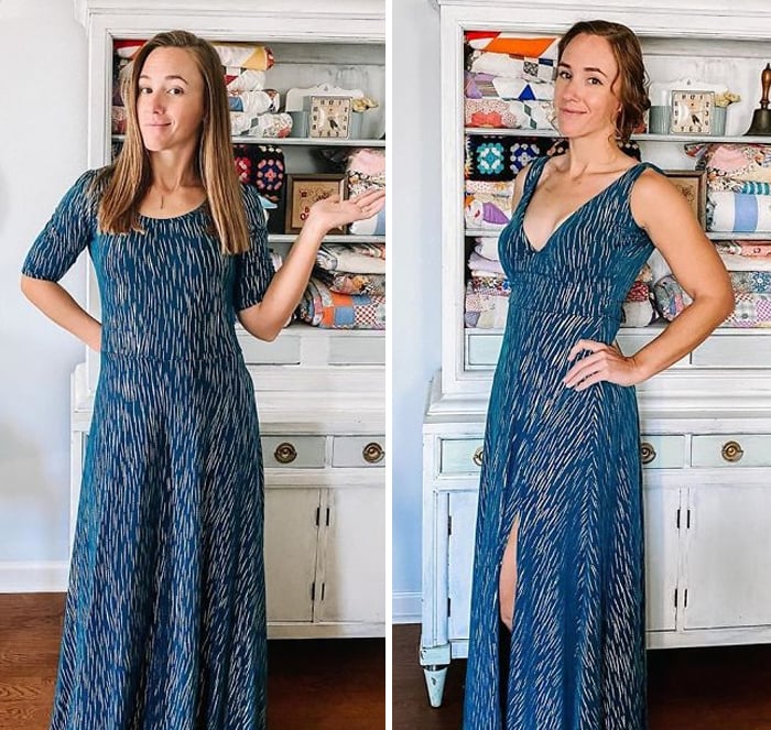 Chica antes y después de convertir un vestido azul marino con decoración de margaritas blancas pequeñas