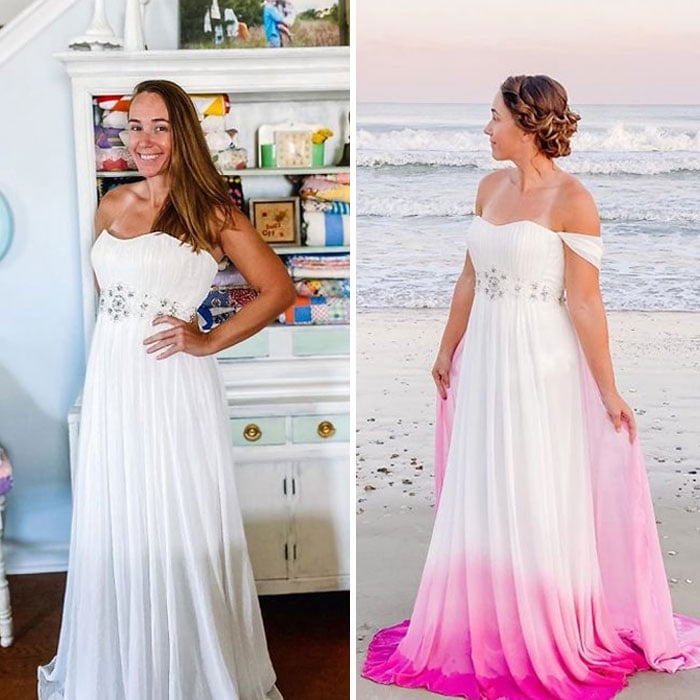 Chica antes y después de convertir un vestido blanco y largo