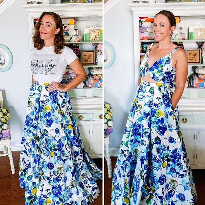 Chica antes y después de convertir una falda larga con flores azules en un vestido largo con top