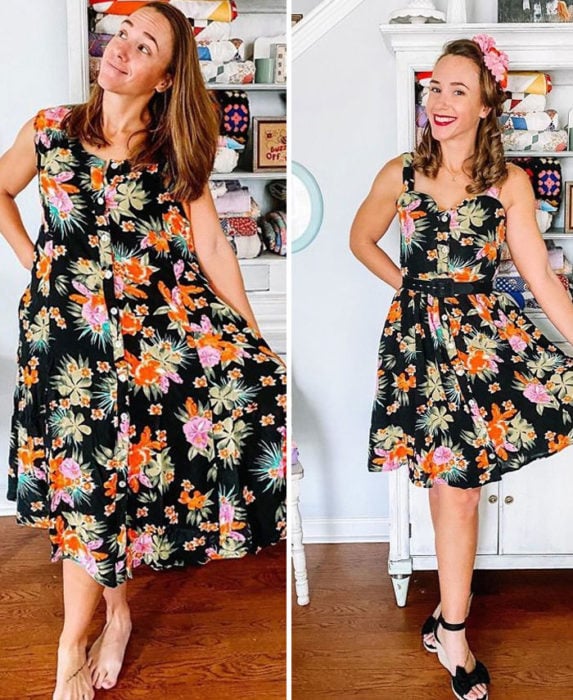 Chica antes y después de convertir un vestido negro con flores rosas, naranjas y verdes