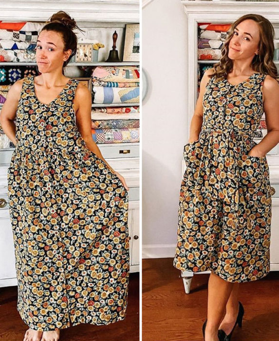 Chica antes y después de convertir un vestido largo con flores amarillas y cafés 