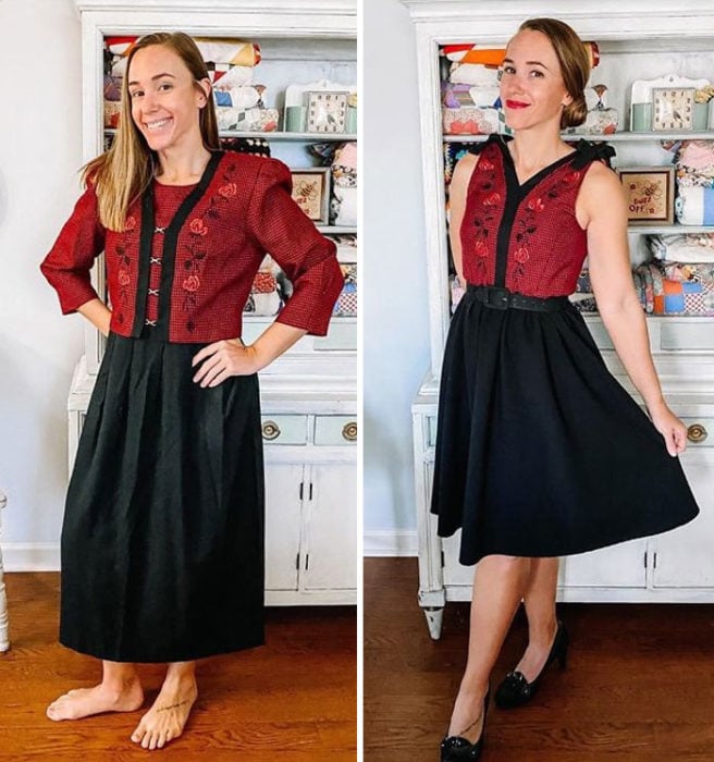 Chica antes y después de convertir un vestido grande con falda negra y top rojo
