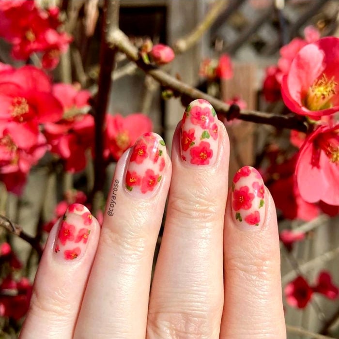Manicura de flores; uñas con diseño de chaenomeles, roja