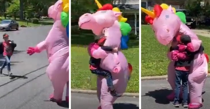 Abuelita usa disfraz de unicornio para poder abrazar a sus nietos