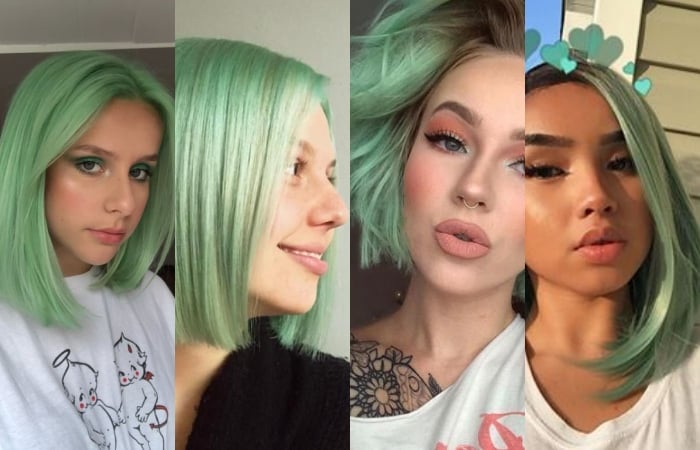 chicas con el cabello teñido color menta, verde claro, baby green o light green
