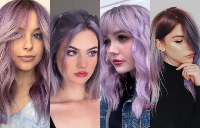 chicas con cabello teñido color morado pastel o lila baby purple light purple