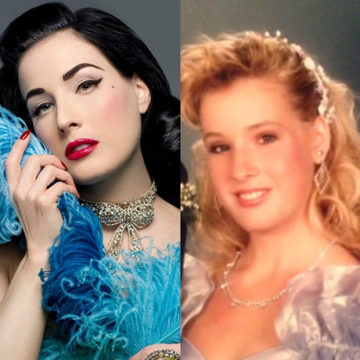 dita von teese con el cabello negro y naturalmente rubio