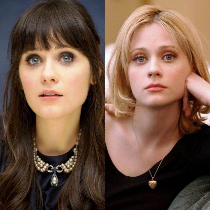 Zooey deschanel con el cabello castaño y naturalmente rubia