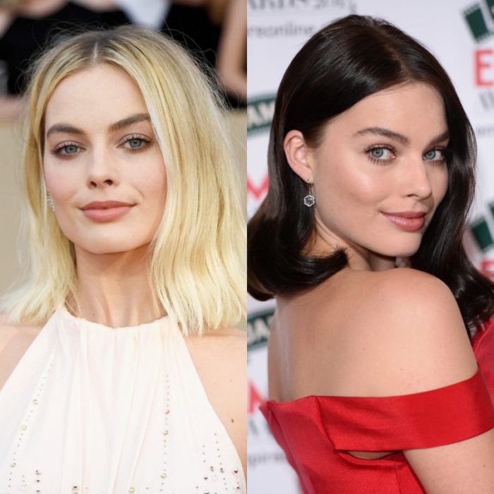 margot robbie con el cabello rubio y naturalmente castaña