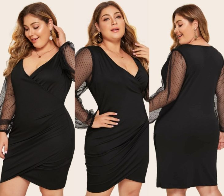 chica con vestido negro, cabllo largo claro, plus size curvy de mangas transparentes y escote en v