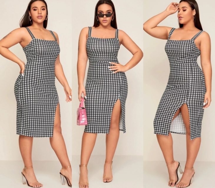 chica curvy de cabello largo oscuro usando un vestido de cuadros tipo gingham en blanco y negro, de tirantes y escote cuadrado