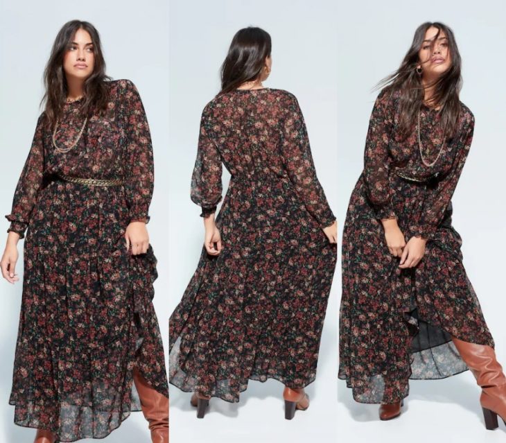 chica curvy de cabello castaño usando un vestido tipo boho-chic estampado de flores con botas de cuero y cinturon de cadena