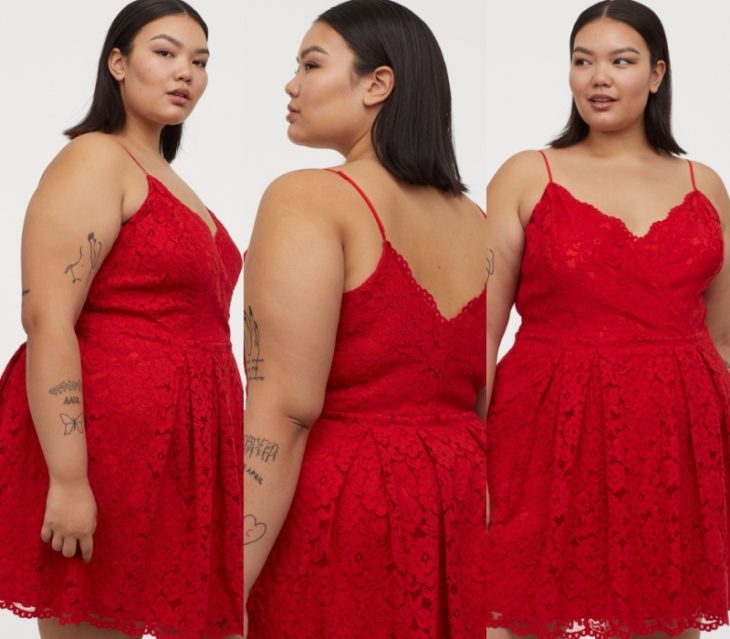 chica curvy con cabello oscuro corto, usando un vestido rojo de tirantes con encaje y escote en v