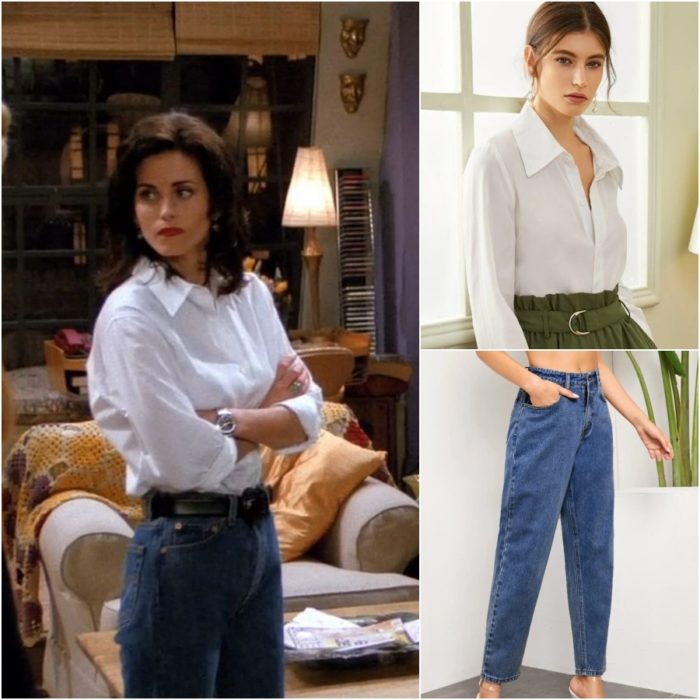 actriz courteney cox como monica geller en la serie friends usando pantalon de mezclilla y camisa blanca