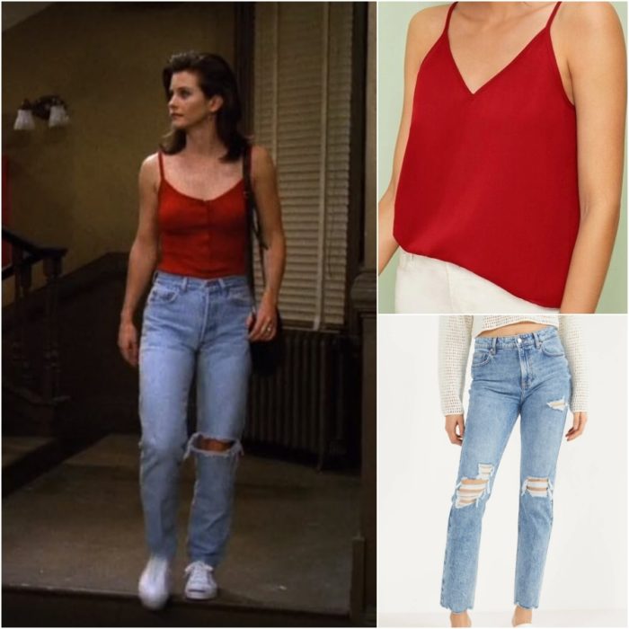 actriz corteney cox como monica geller en la serie friends usando un pantalon de mezclilla y blusa roja