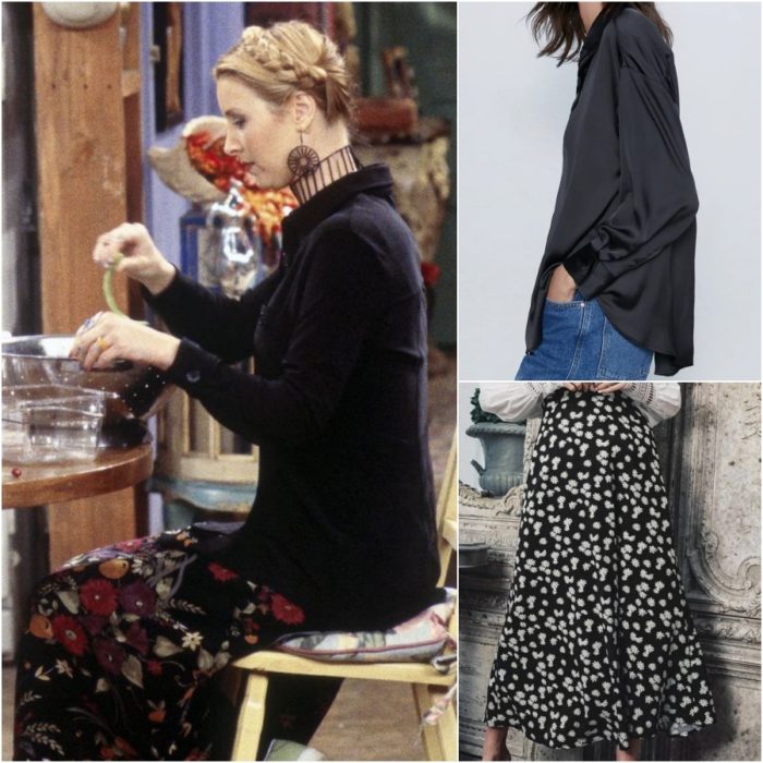 actriz lisa kudrow como phoebe buffay en la serie friends usando una falda estampada y camisa de botones negra