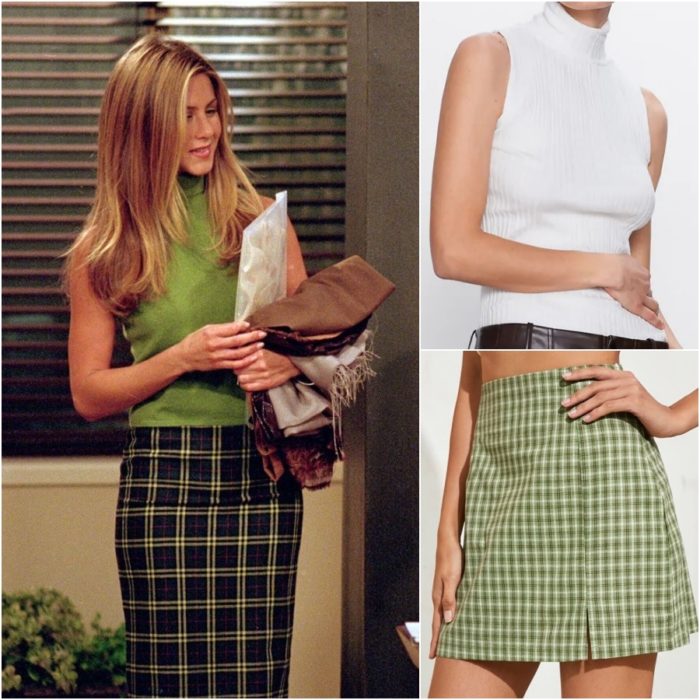 actriz jennifer aniston como rachel green en la serie friends usando una falda a cuadros color verde