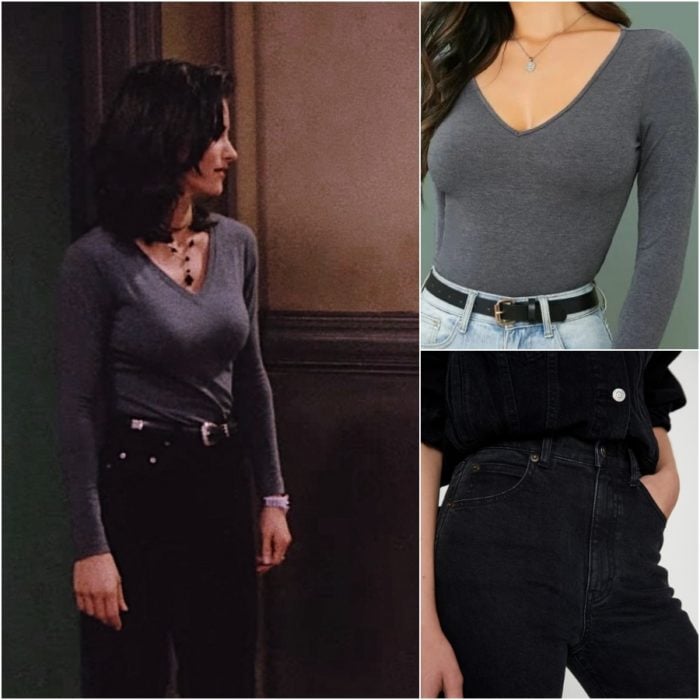 actriz courteney cox como monica geller en la serie friends usando un top gris y jeans negros