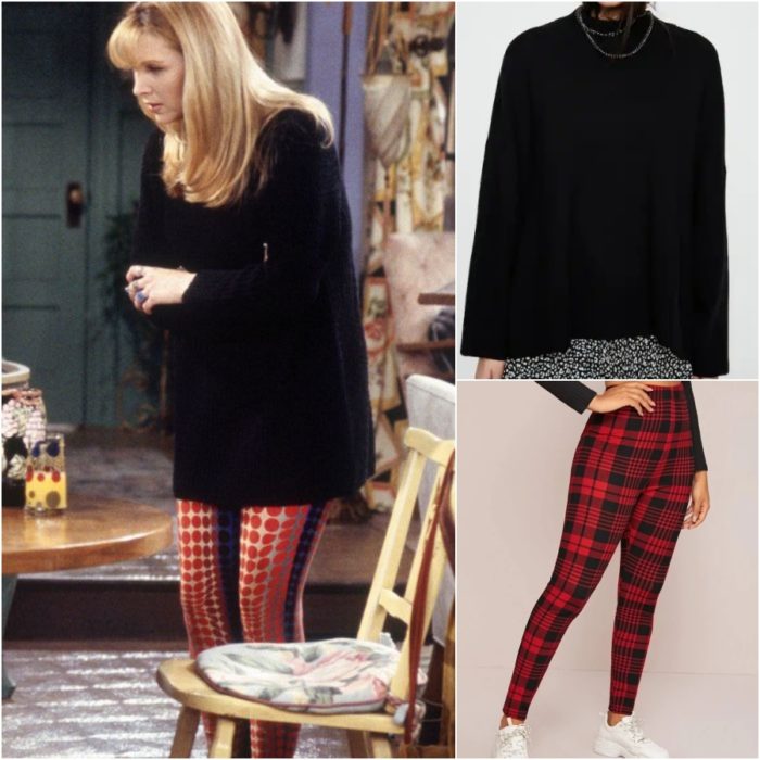 actriz lisa kudrow como phoebe buffay en la serie friends usando leggings estampados y suéter negro