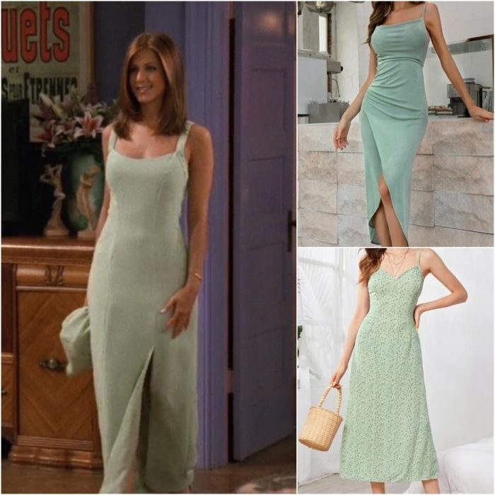 actriz jennifer aniston como rachel green en la serie friends con un vestido color menta 