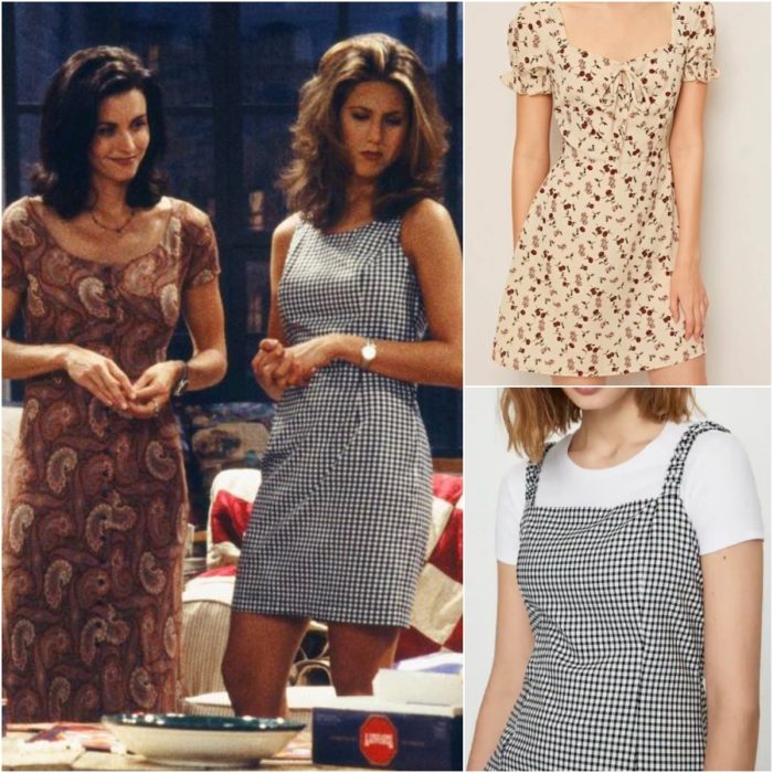 jennifer aniston y courteney cox como rachel green y monica geller en la serie friends con un vestido a cuadros, vestido cafe estampado