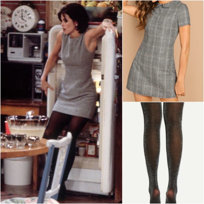 actriz courteney cox como monica geller en la serie friends con vestido gris y medias negras