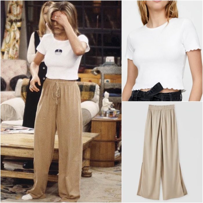 actriz jennifer aniston como rachel green en la serie friends con una camiseta blanca y pantalones cafes