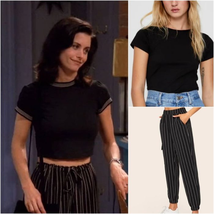 actriz courteney cox como monica geller en la serie friends con un pantalon de rayas y camiseta negra