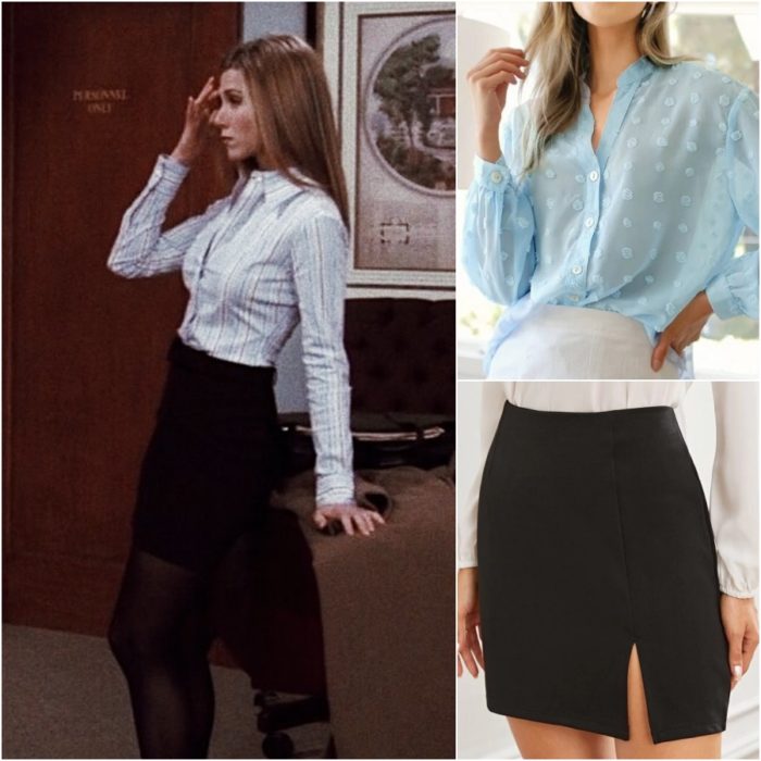 actriz jennifer aniston como rachel green en la serie friends usando falda negra y camisa de vestir azul celeste