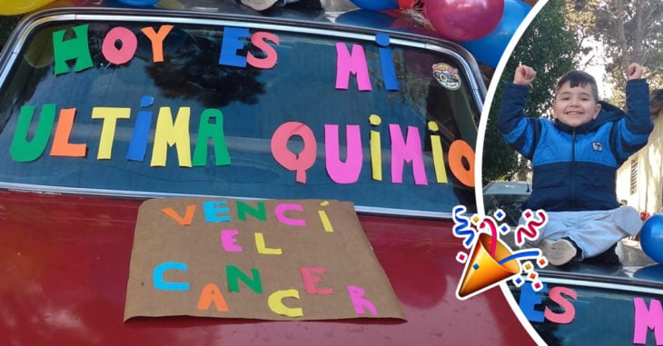Pequeño celebra el fin de su enfermedad con globos y carteles coloridos