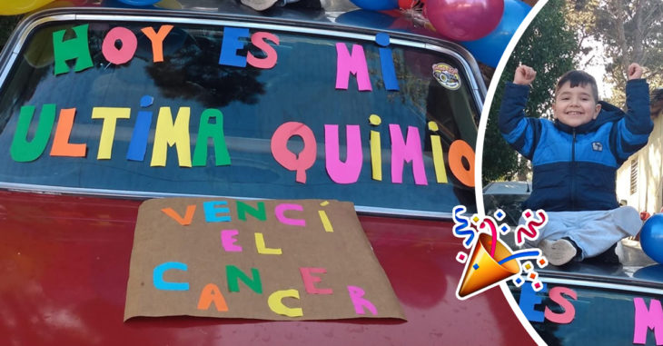 Pequeño celebra el fin de su enfermedad con globos y carteles coloridos