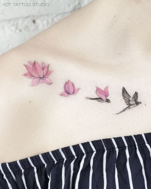 Tatuaje de flor de loto convertida en ave