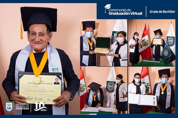 Don Luis Teddy Girón, abuelito de 73 años, celebrando su graduación de la universidad