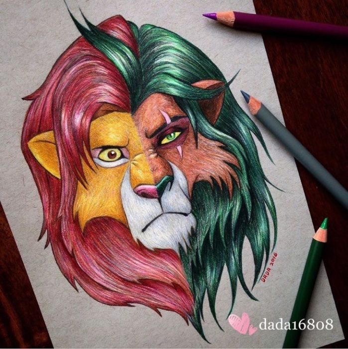 Dibujo realizado por la artista dada16808 combinando a los personajes Disney, Simba y Scar