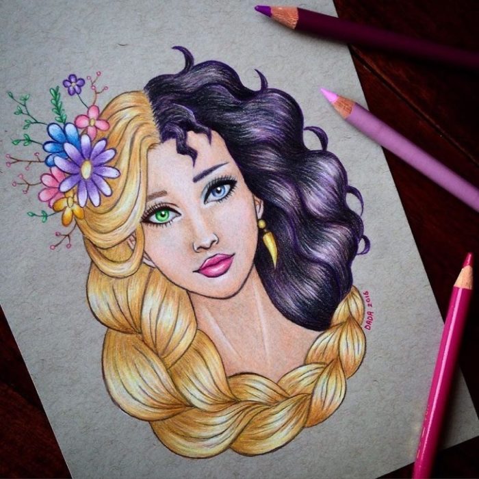 Dibujo realizado por la artista dada16808 combinando a los personajes Disney, Rapunzel y Madre Gothel