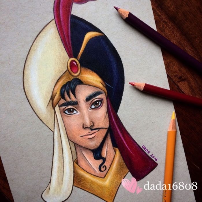 Dibujo realizado por la artista dada16808 combinando a los personajes Disney, Aladdín y Jafar 