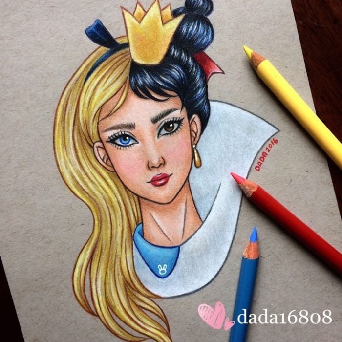 Dibujo realizado por la artista dada16808 combinando a los personajes Disney, Alicia y La reina de corazones