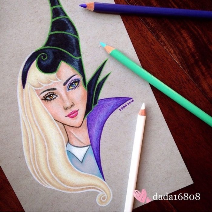 Dibujo realizado por la artista dada16808 combinando a los personajes Disney, Aurora y Maléfica