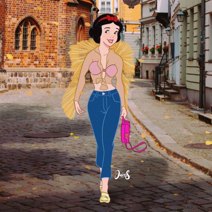 Blancanieves usando jeans, y una blusa con transpaarencias