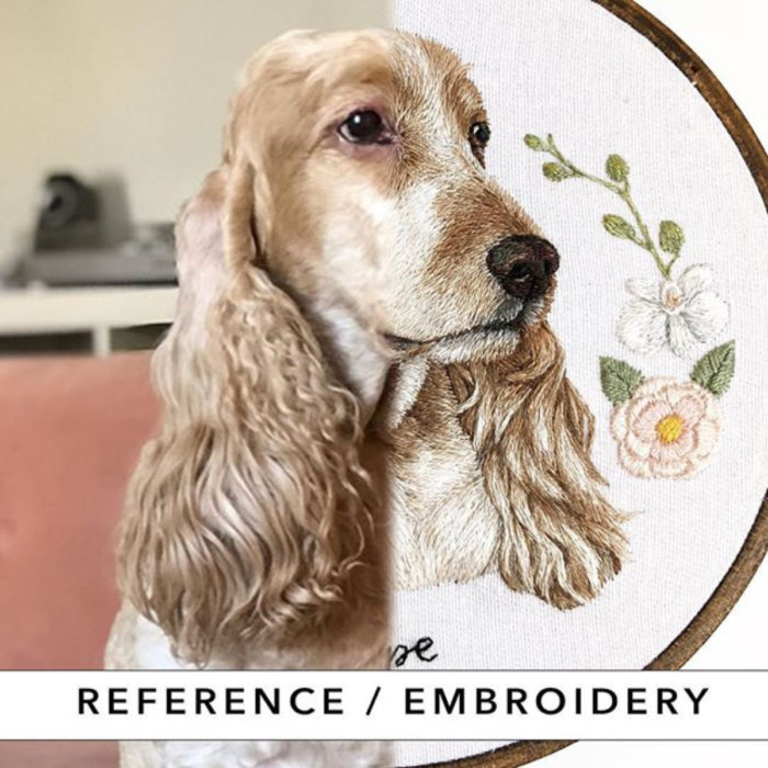 Artista Michelle Staub hace bordados de mascotas; bordado de perro cocker spaniel dorado con flores rosas y blancas