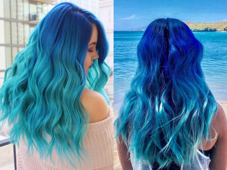 Blue balayage; cabello teñido de azul degradado que parece el océano