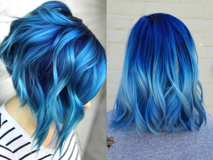 Blue balayage; cabello teñido de azul degradado que parece el océano